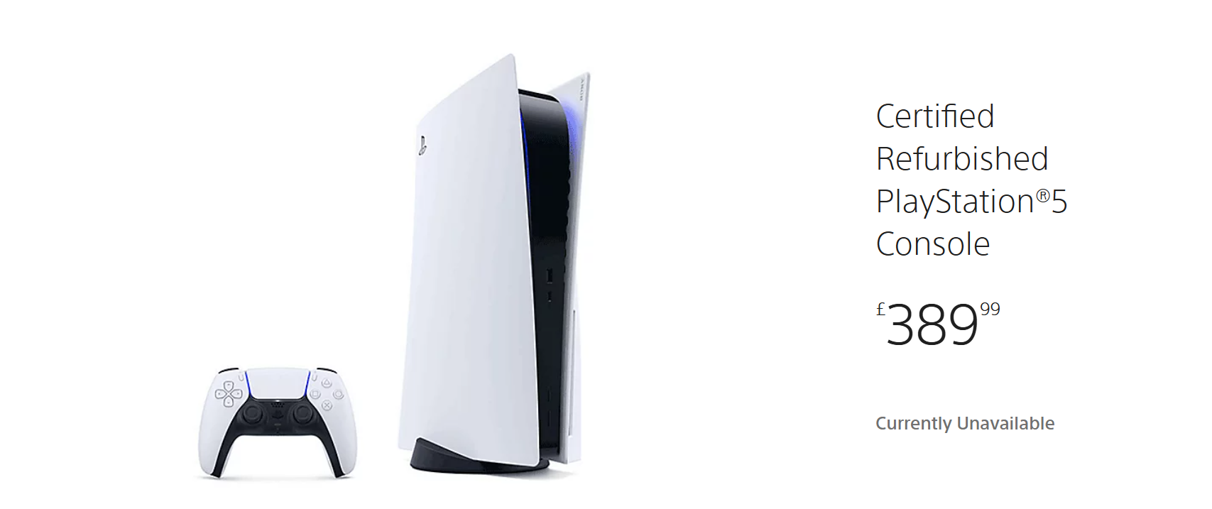 Screenshot from the refurbished PS5 console page showing a PS5, DualSense controller and the pricing