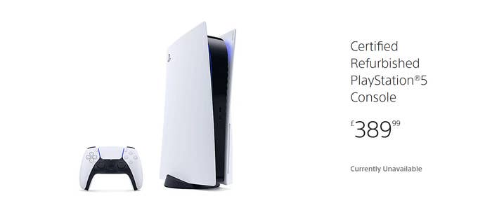 Screenshot from the refurbished PS5 console page showing a PS5, DualSense controller and the pricing