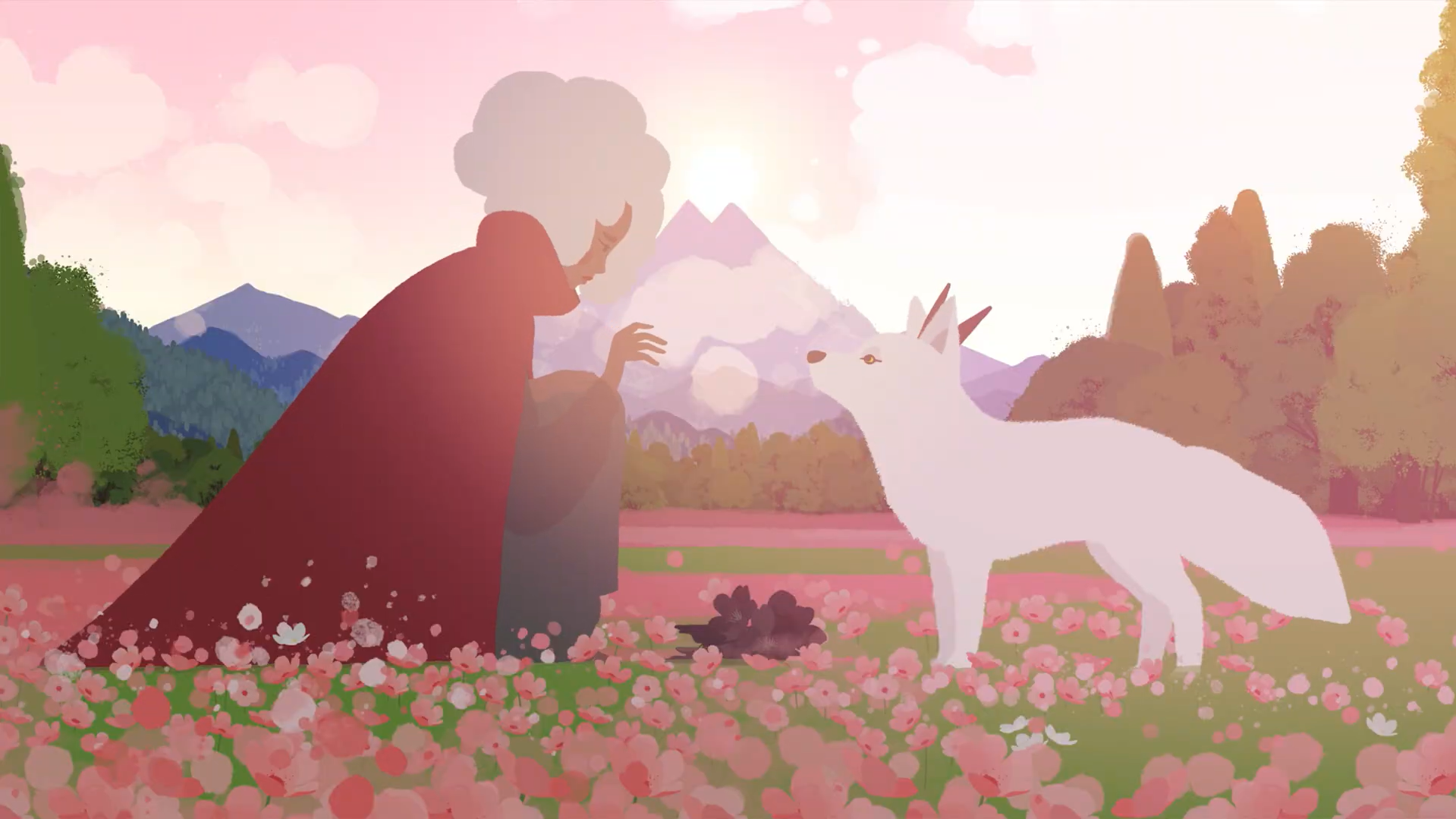 Neva and Alba look at a dead bird covered in black flowers