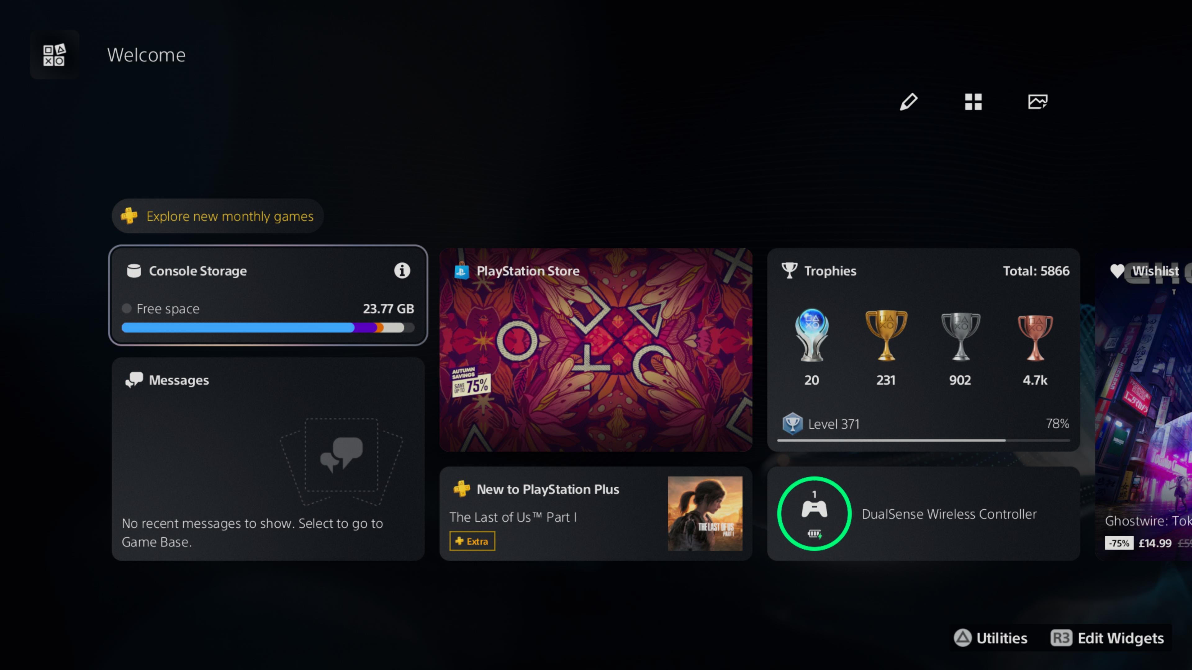 Screenshot of the PS5 Welcome Hub with various widgets