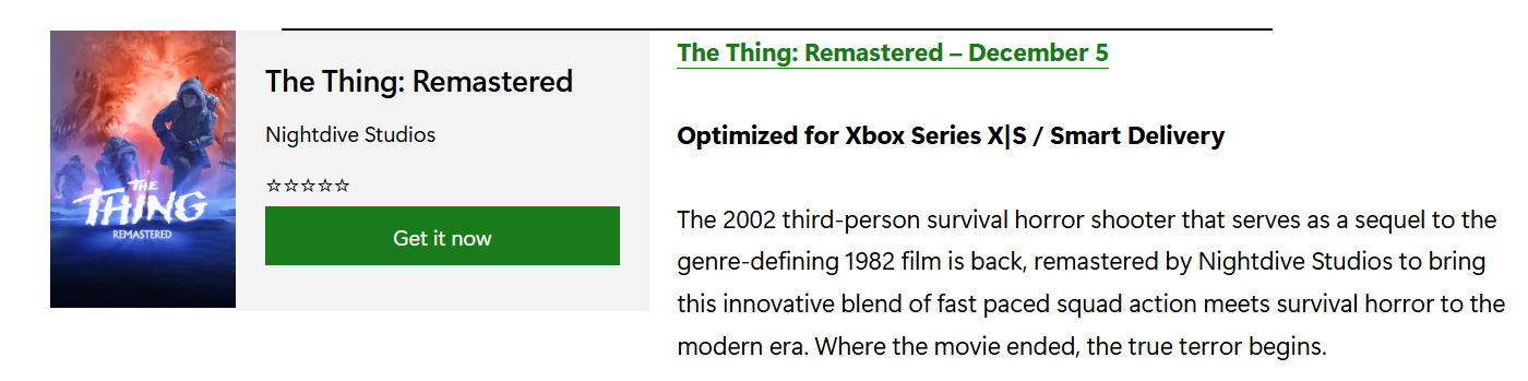 The Thing: Remastered has a December 5 release date listed on an Xbox Wire post