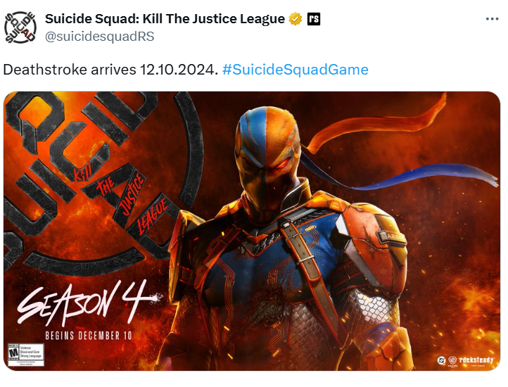 Screenshot of Rocksteady&rsquo;s social media post showing Deathstroke in Suicide Squad: Kill the Justice League