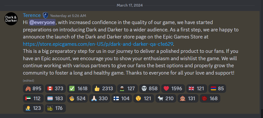 Dark and Darker Epic Games Store update from Discord