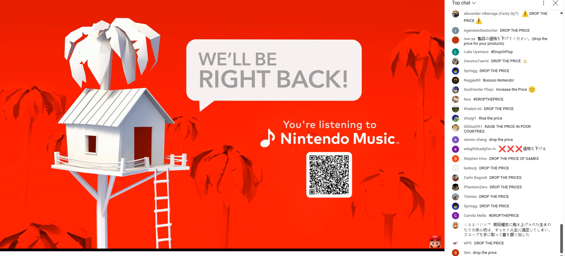 Screenshot from Nintendo Treehouse: Live showing a &ldquo;We&rsquo;ll be right back&rdquo; message with comments down the right hands side