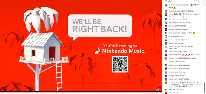 Screenshot from Nintendo Treehouse: Live showing a “We’ll be right back” message with comments down the right hands side