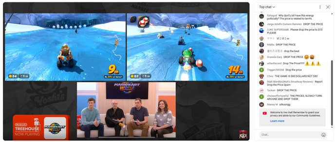 Screenshot from Nintendo Treehouse: Live with comments down the right and Mario Kart World gameplay on the main screen