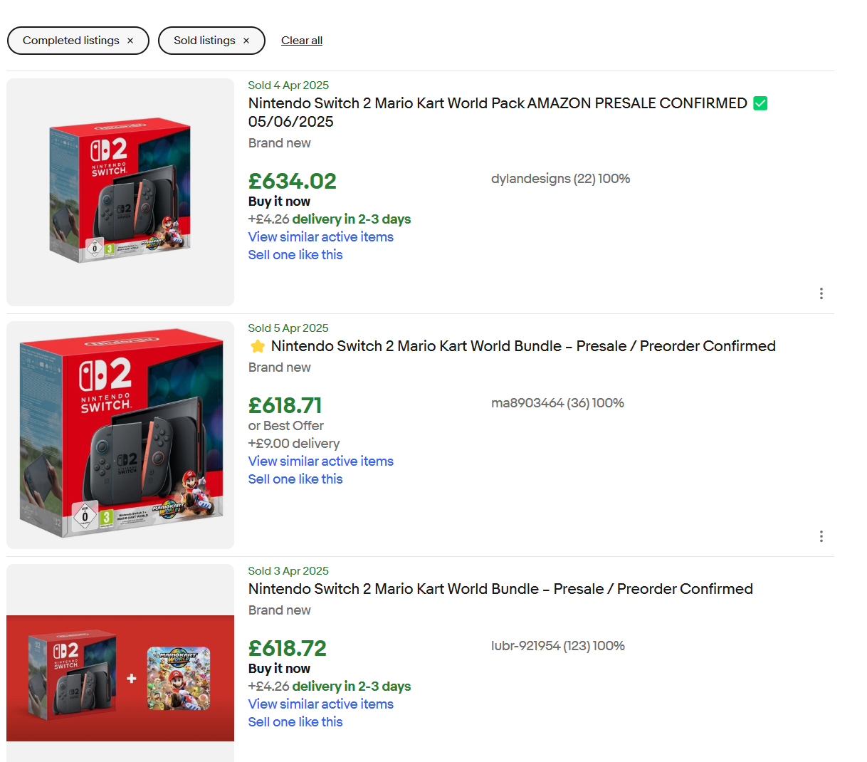 Switch 2 listings on eBay