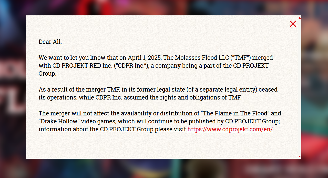 Screenshot of the notice on The Molasses Flood&rsquo;s website announcing the merger