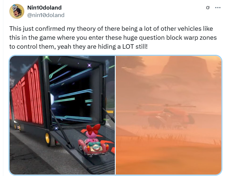 Screenshot of X post showing Birdo driving into the back of a big rig in Mario Kart World and what appears to be a large helicopter
