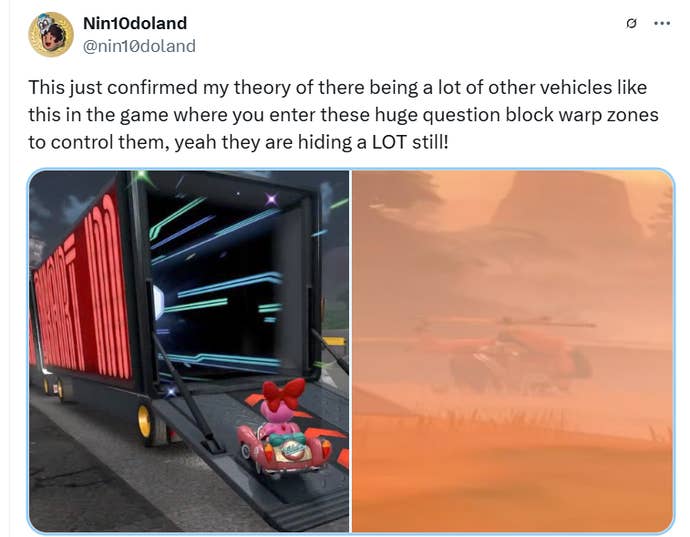 Screenshot of X post showing Birdo driving into the back of a big rig in Mario Kart World and what appears to be a large helicopter