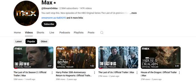 Screenshot from Max’s YouTube channel showing its most popular videos on the channel. The Last of Us, Harry Potter and House of the Dragon all feature
