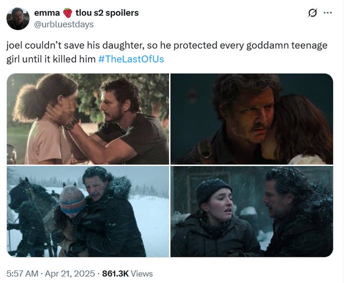 Social media post showing images of Pedro Pascal as Joel with Sarah, Ellie, Dina and Abby in TLOU