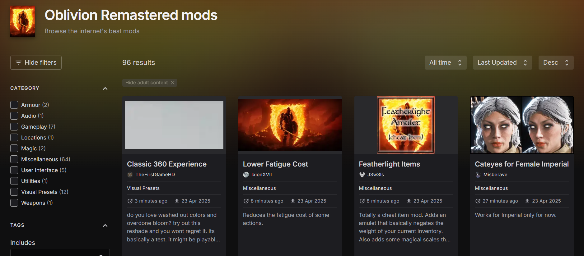 An image showing some of the Oblivion Remastered mods available