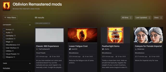 An image showing some of the Oblivion Remastered mods available