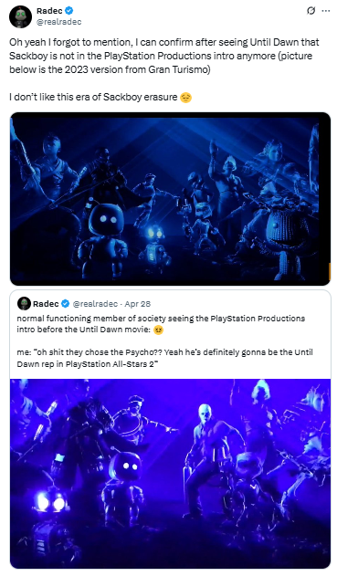 Image from social media platform X showing the two different images - one with and one without Sackboy - of the PlayStation Productions video