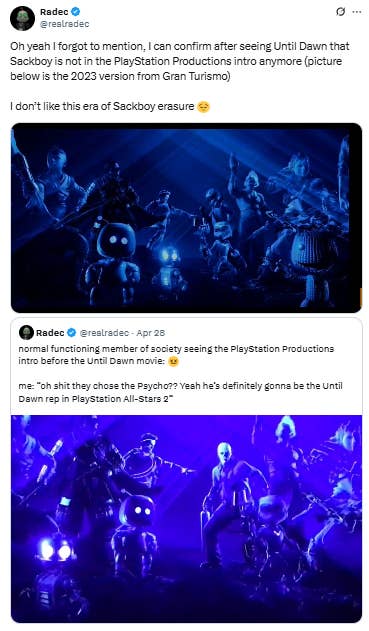 Image from social media platform X showing the two different images - one with and one without Sackboy - of the PlayStation Productions video