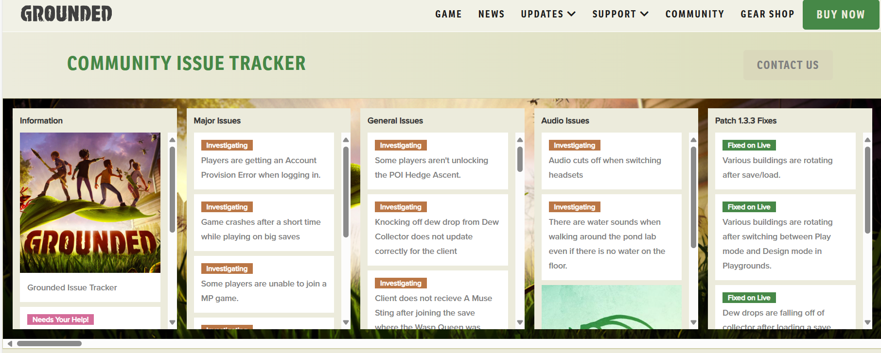 Screenshot from Grounded’s issue tracker