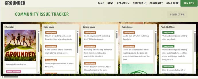 Screenshot from Grounded’s issue tracker