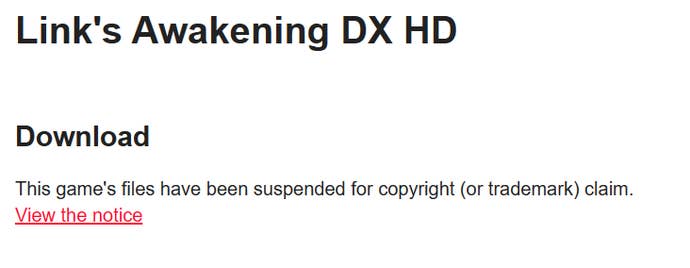 Link’s Awakening DX HD message showing the copyright claim by Nintendo