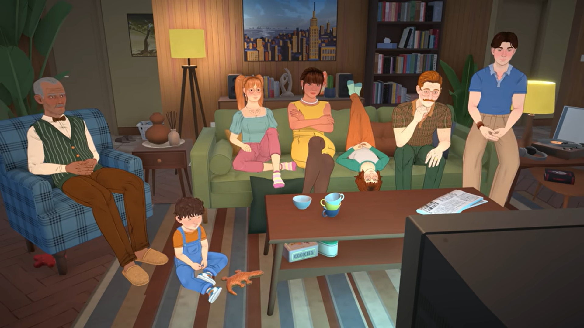 A family relaxing together in front of the TV in Paralives