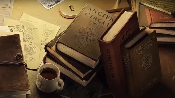 Screenshot from MachineGames' Indiana Jones teaser showing a book titled Ancient Circles