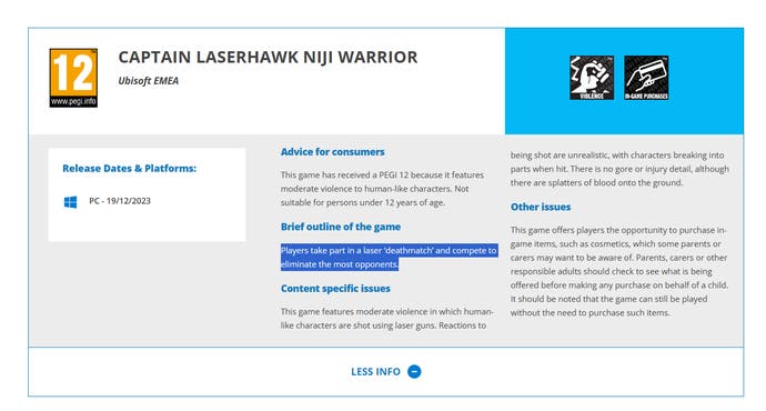 Screenshot of PEGI's Captain Laserhawk Niji Warrior listing
