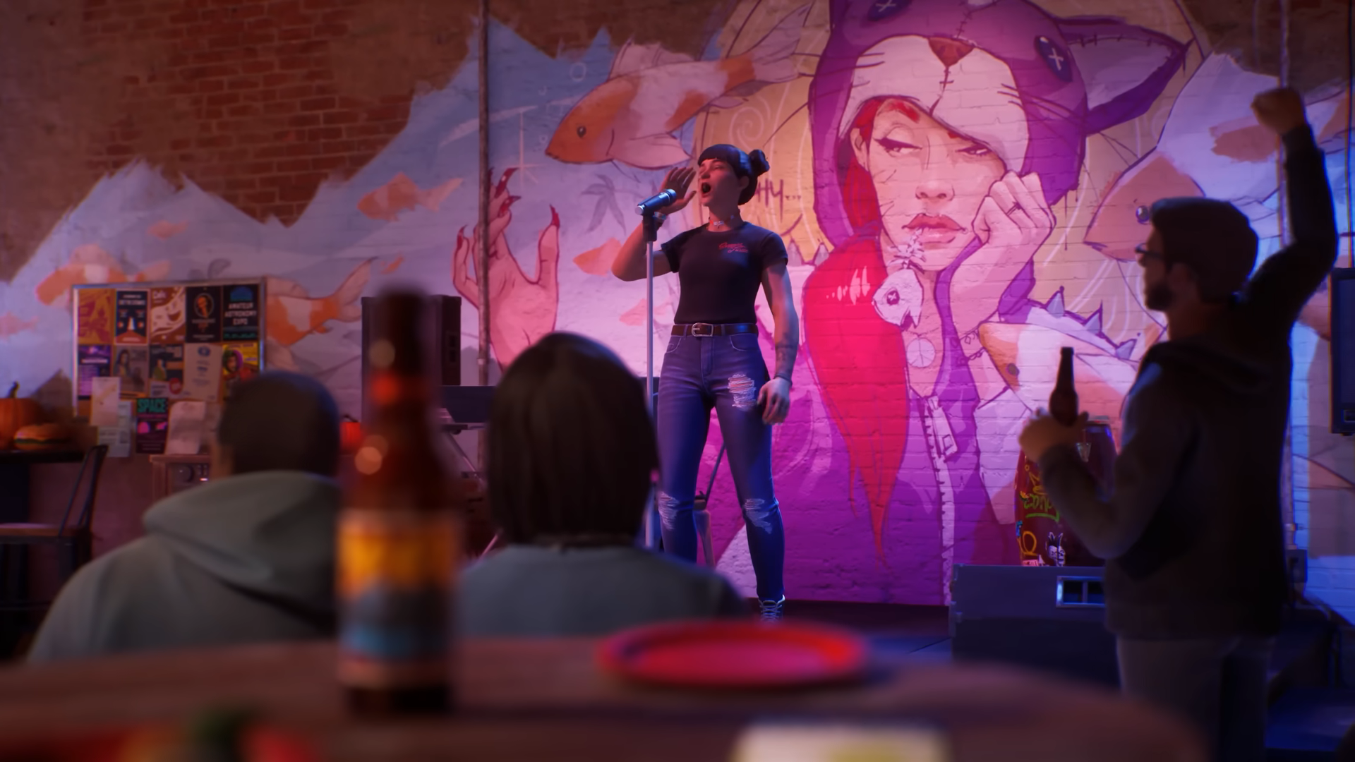 Screenshot from Life is Strange Reunion trailer showing a female doing stand up comedy in a bar