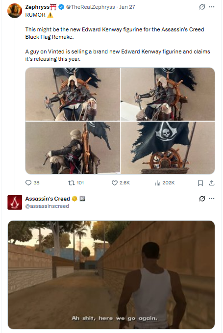 Assassin's Creed: Black Flag statue, featuring Ubisoft's GTA meme response