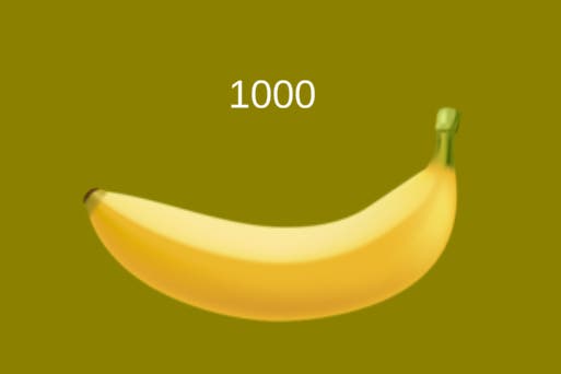 A jpeg of a banana on a green background with the number '1000' above it