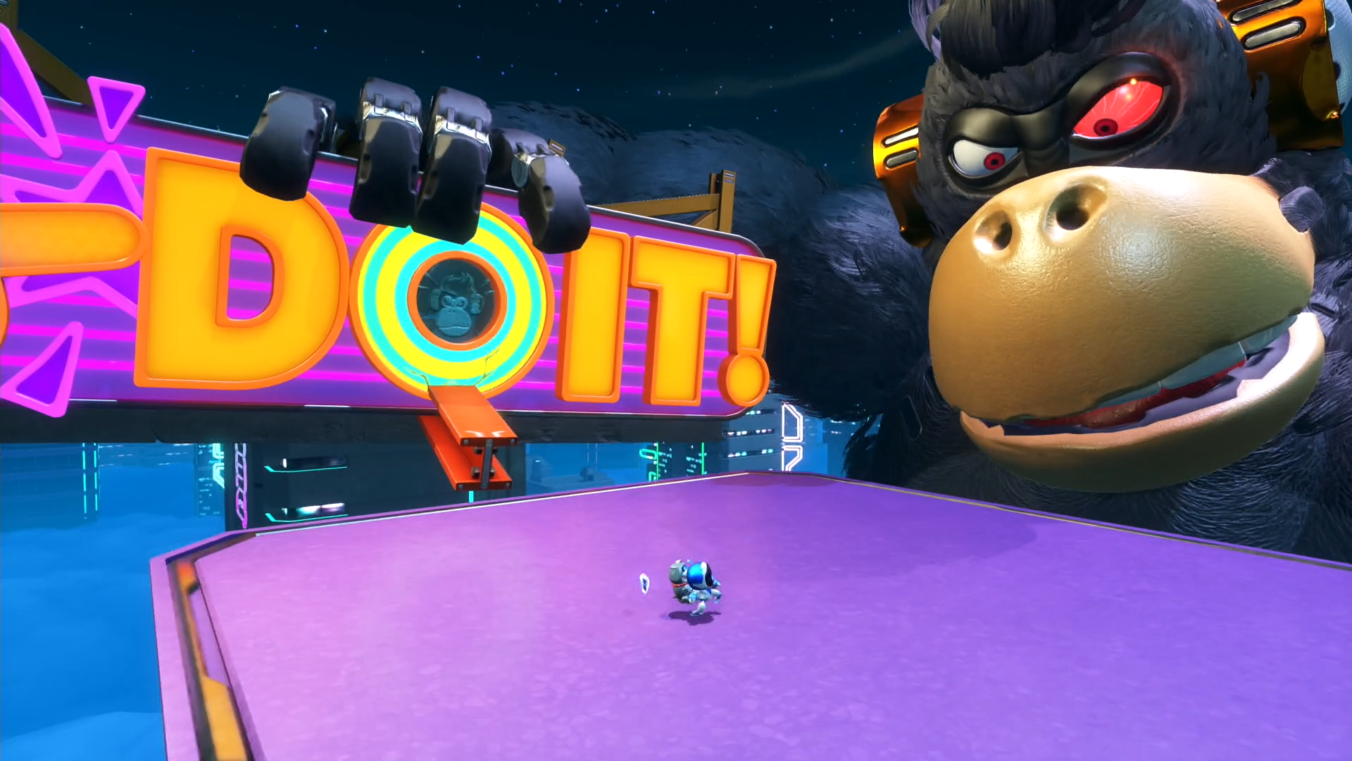 Tiny Astro Bot against massive mechanical gorilla boss holding neon sign
