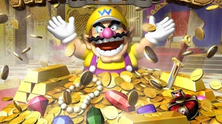 Wario artwork showing the villain celebrating his riches, sat in a pile of gold and jewels.