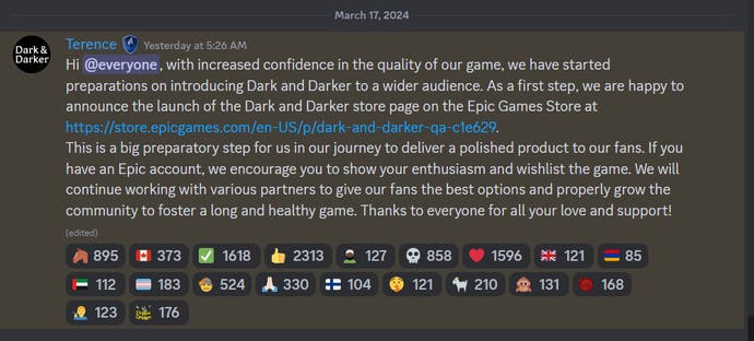 Dark and Darker Epic Games Store update from Discord