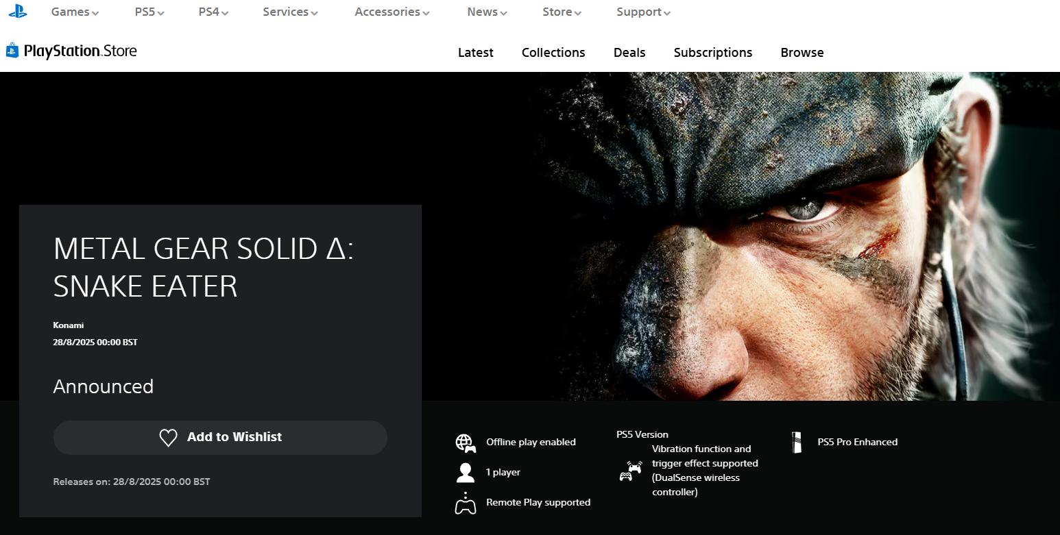 PSN Store web screen capture showing the launch date of Metal Gear Solid Delta
