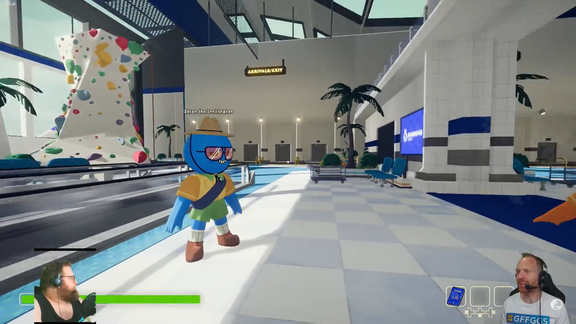 Screenshot from a Eurogamer stream showing Jim in the lower left corner and Ian in the lower right corner. They are playing Peak. Gameplay is taking place in the airport lobby area