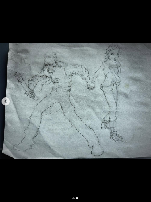 Sketch of a male character with a young girl