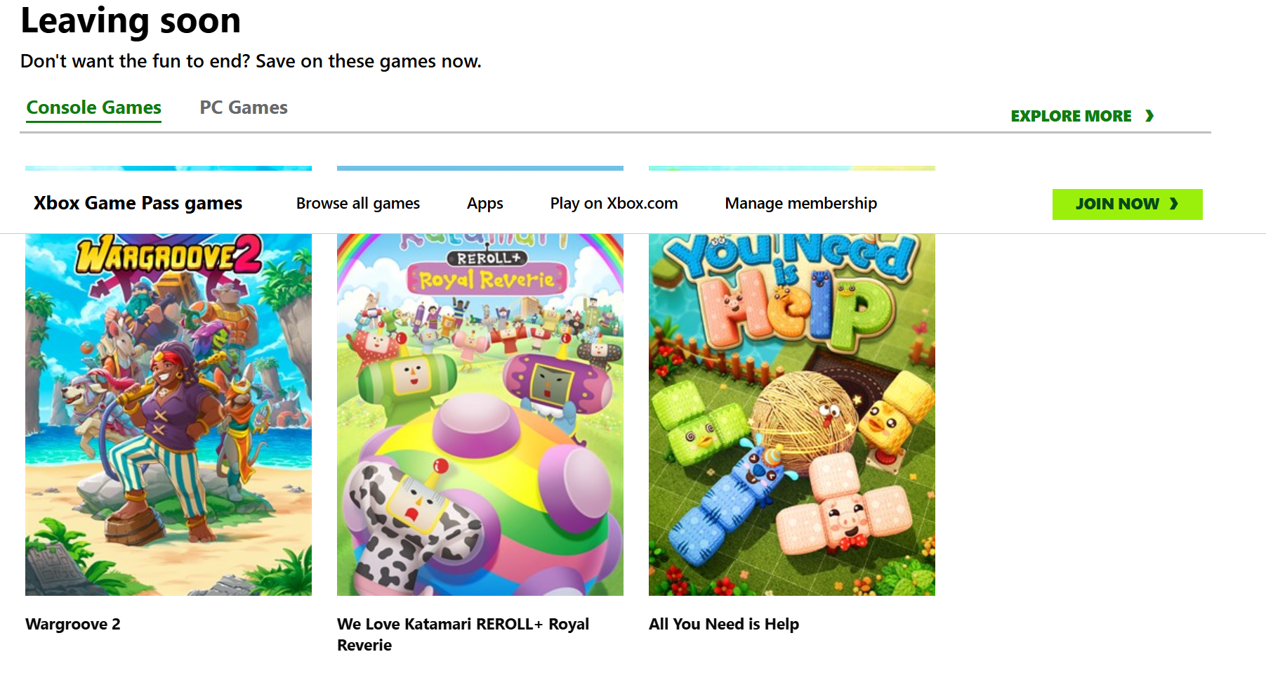 Screenshot showing three games leaving Game Pass soon