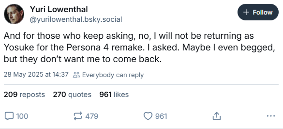 Yuri Lowenthal post on Bluesky confirming Persona 4 remake in development