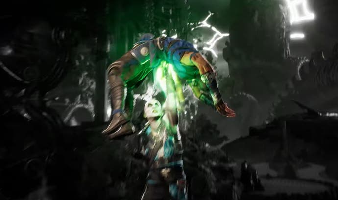 Quan Chi uses a portal to bring his enemy down on top of him, so he can punch them violently in the spine