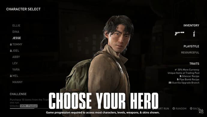 The Last of Us Part 2 Remastered No Return character selection showing Jesse