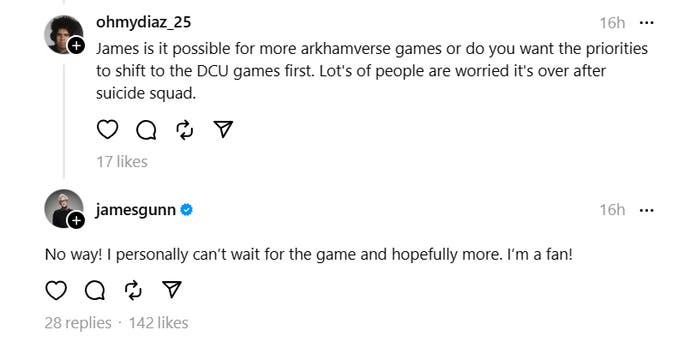 James Gunn's reply regarding the future of the Arkham Universe on Threads