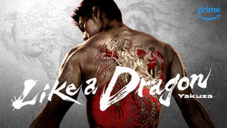Like a Dragon logo in front of man with dragon tattoo across his back