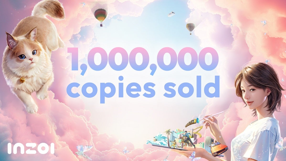 InZoi infographic showing a cat and a female character against a pinky blue sky with &ldquo;1,000,000 copies sold&rdquo; written across the centre