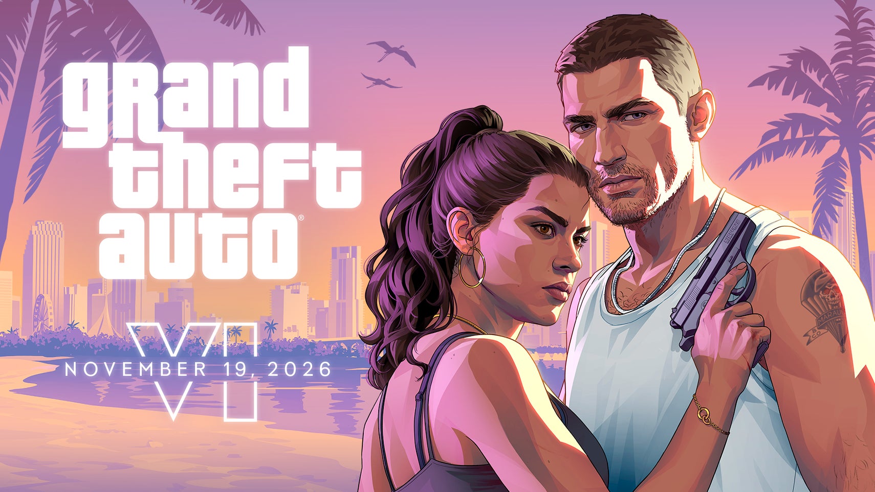 The Grand Theft Auto key art. Two characters stand close to each other and one holds a gun.