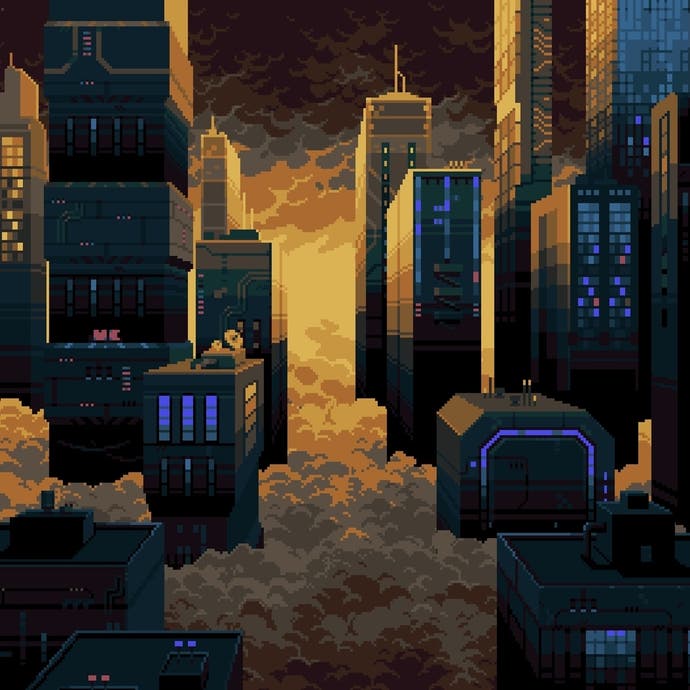 Futuristic skyscrapers rise out of the clouds in this screen from Disjunction.
