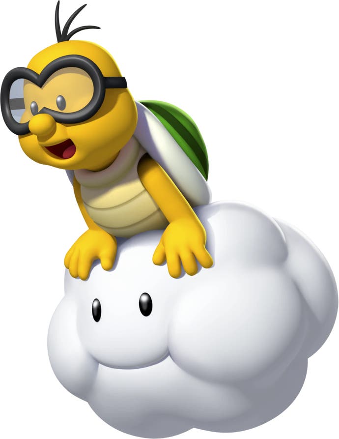 Lakitu, a little turtle in goggles, rides a smiling cloud.