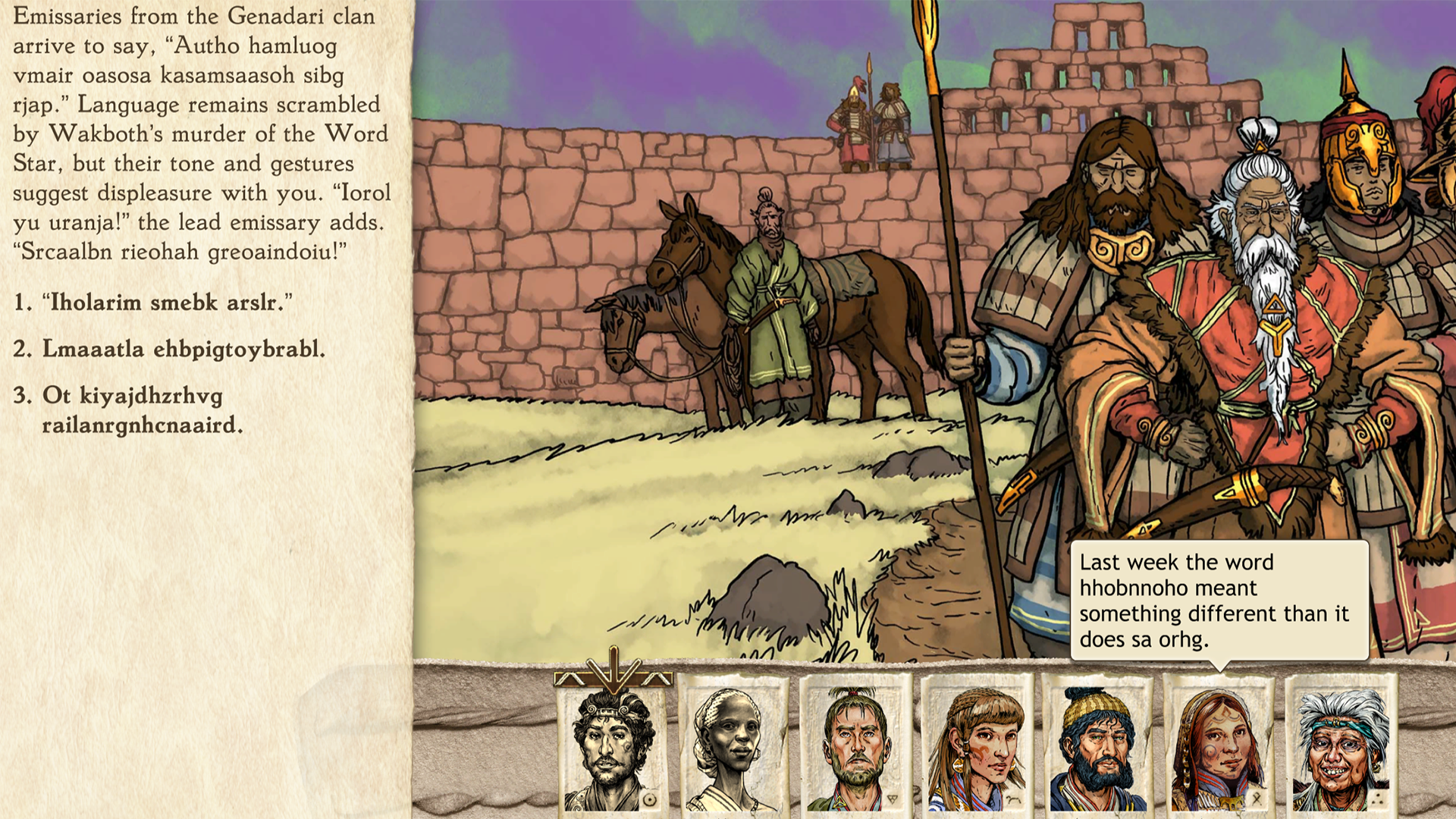 Emmisaries from a rival clan arrive at city walls in Six Ages 2: Lights Going Out.