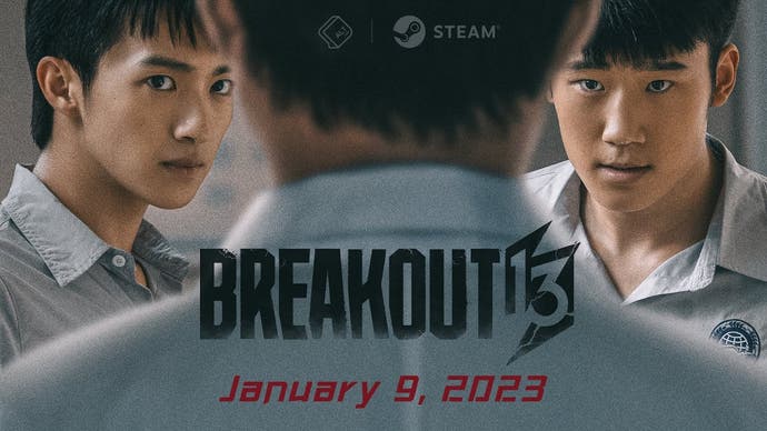 A promotional screen for Breakout 13, showing two young men facing off against another. The title, along with the date