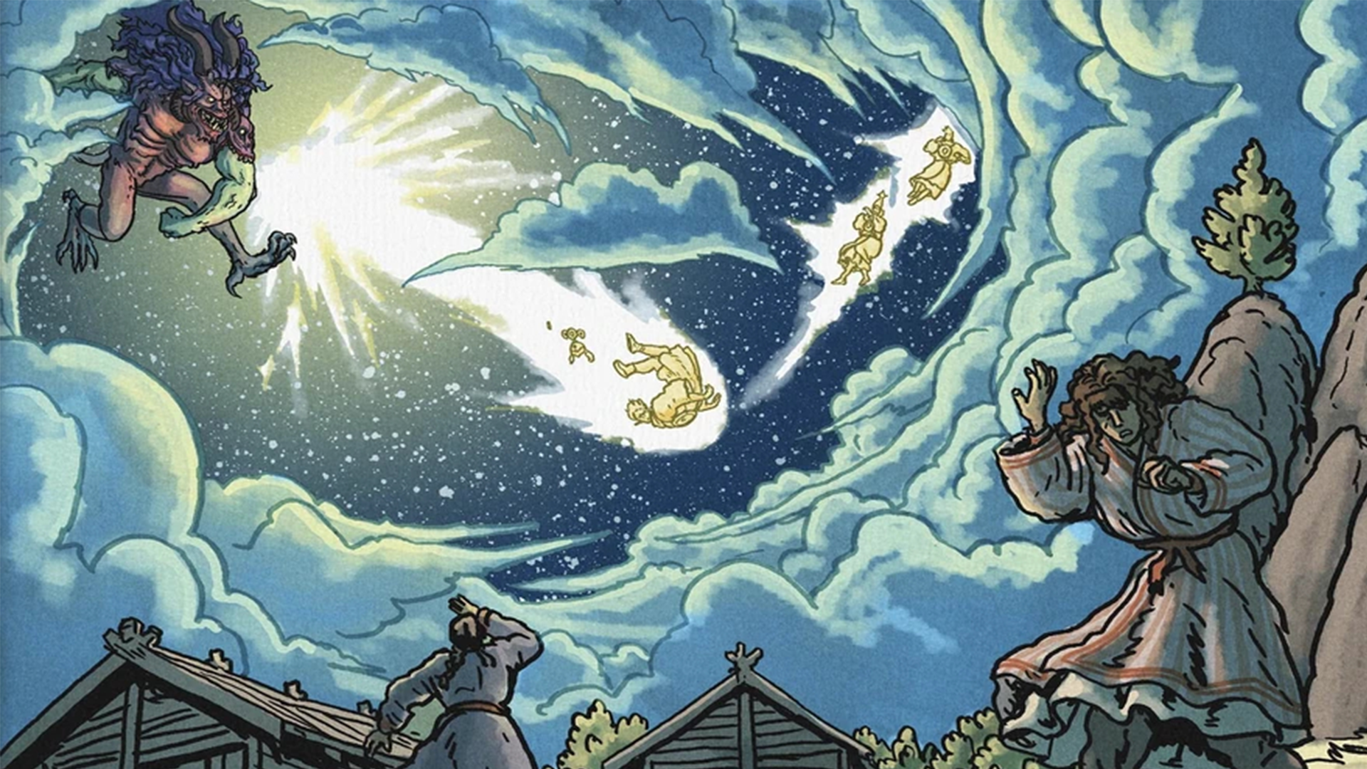 A demon in a cloudy night sky throws a glowing human to the earth like a comet in this screen from Six Ages 2: Lights Going Out