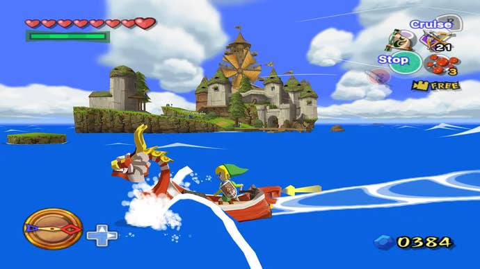 Link pilots his boat past an island with a windmill on it in this screen from The Legend of Zelda: The Wind Waker
