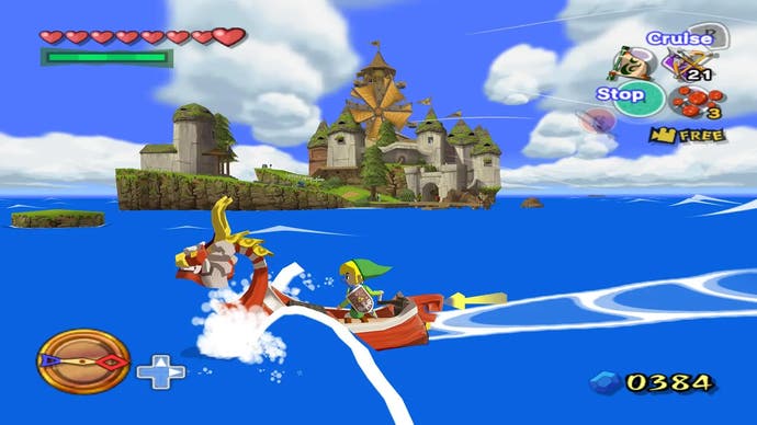 Link pilots his boat past an island with a windmill on it in this screen from The  Legend of Zelda: The Wind Waker